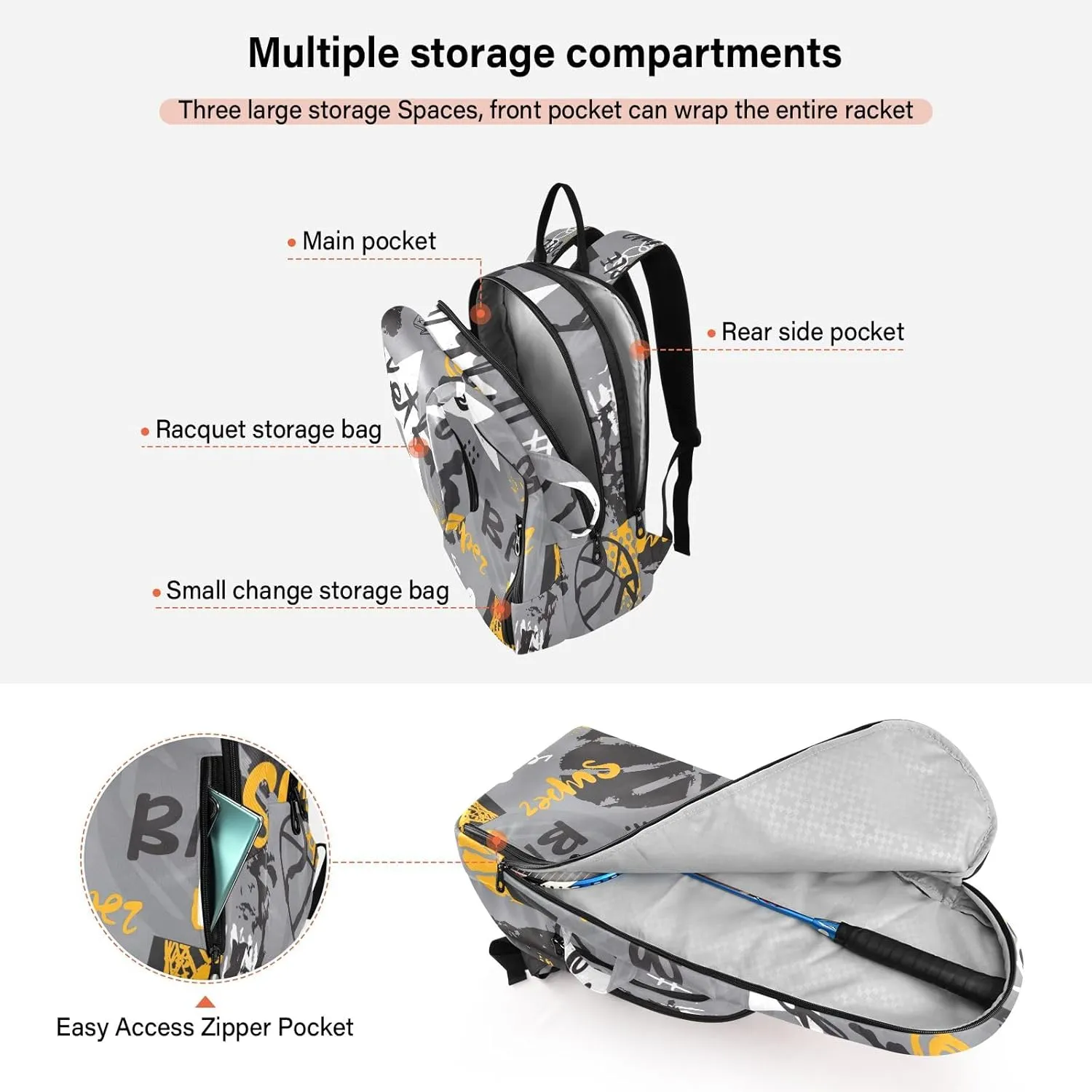 GAIGEO Cool Street Basketball Grey Tennis Backpack, Expandable Tennis Bag 2 Rackets, Sandwich Mesh Back, Breathable not Stuffy