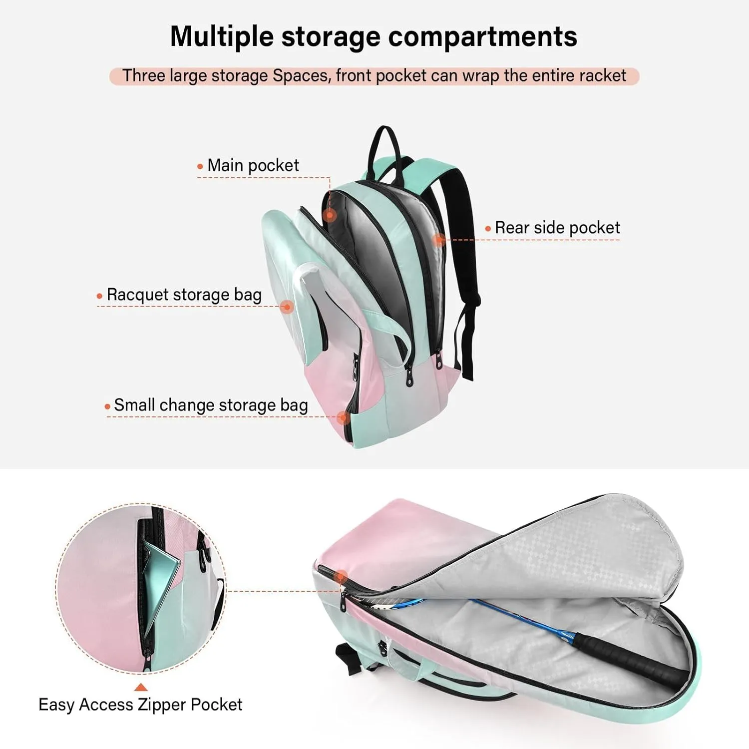 GAIGEO Pink Green Gradient Pickleball Bag, Large Space Pickleball Bags for Women, Durable Polyester, Printing Design