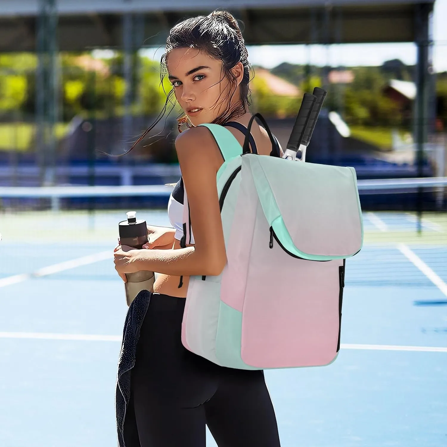 GAIGEO Pink Green Gradient Pickleball Bag, Large Space Pickleball Bags for Women, Durable Polyester, Printing Design