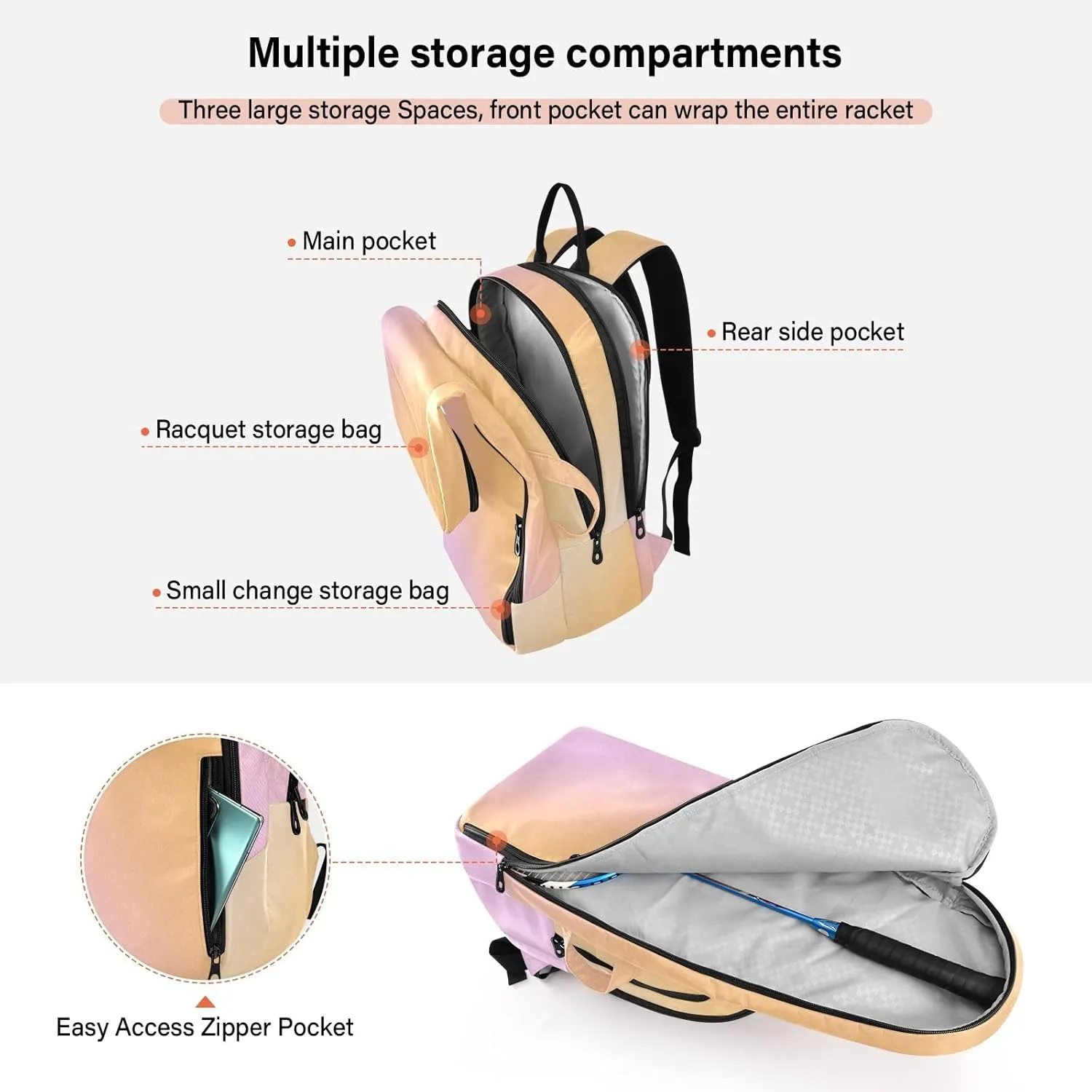 GAIGEO Racket Bag, Multiple Storage Compartments, Foldable Racket Pocket