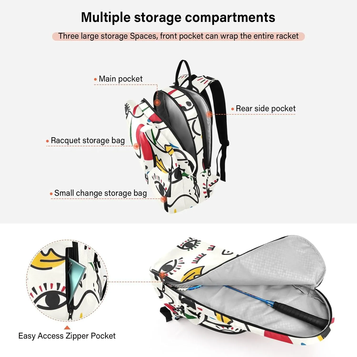 GAIGEO Teal Dragonflies Dark Tennis Backpack, Large Capacity Tennis Racket Bag, Various Storage Methods