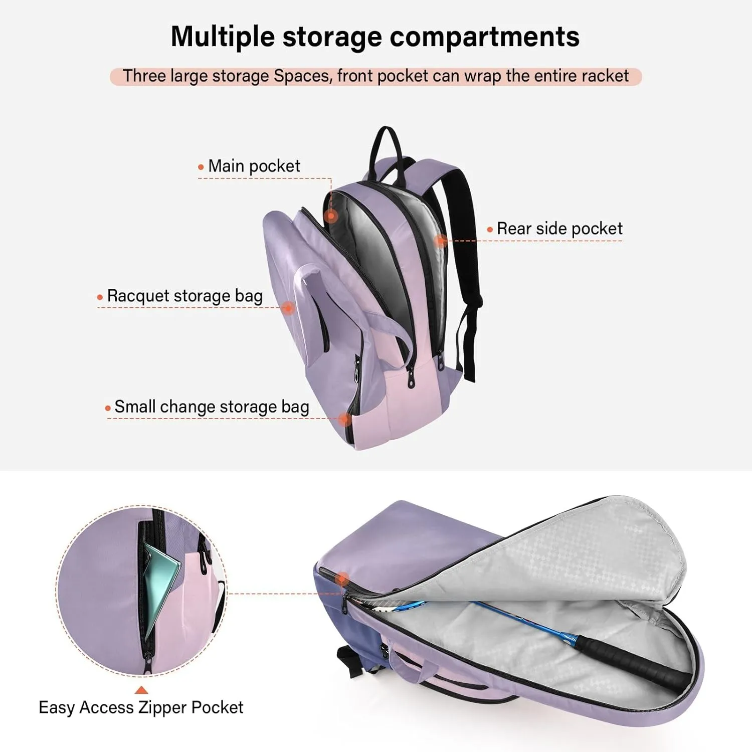 GAIGEO White Brown Retro Polka Dot Pickleball Bag, Multiple Storage Compartments, Foldable Racket Pocket
