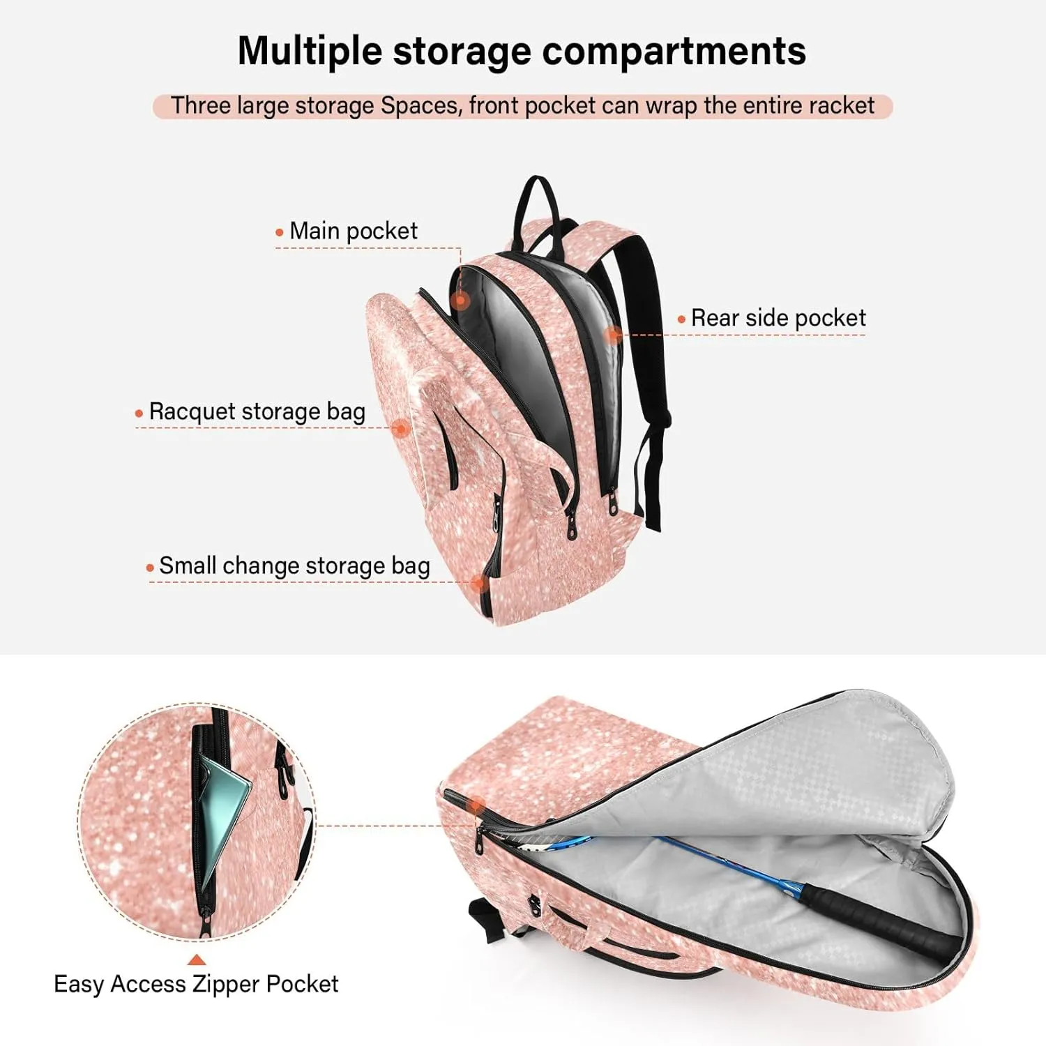 GAIGEO White Brown Retro Polka Dot Pickleball Bag, Multiple Storage Compartments, Foldable Racket Pocket