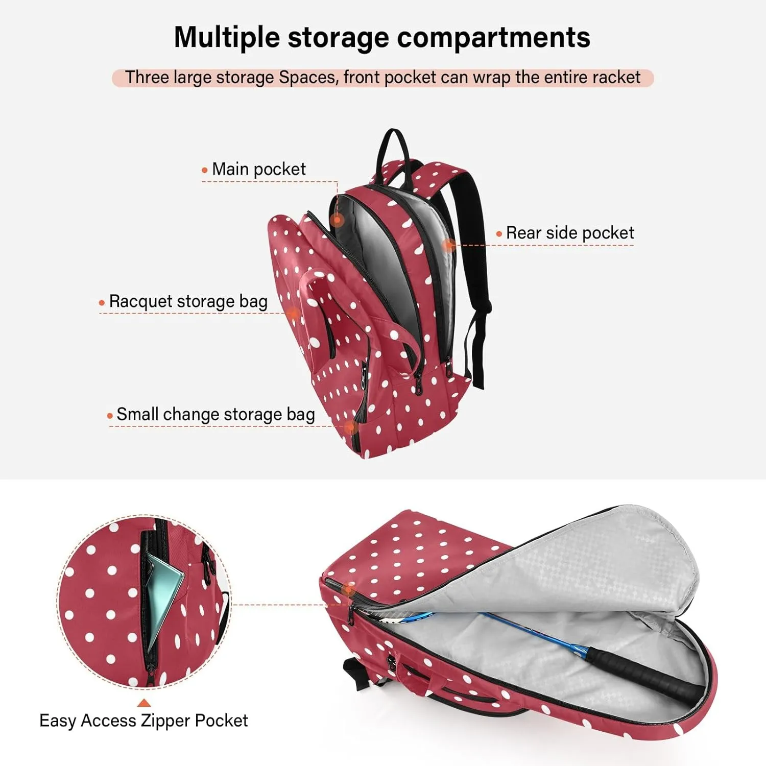 GAIGEO White Polka Dots Blue Pickleball Backpack, Large Capacity Pickleball Caddy, Various Storage Methods