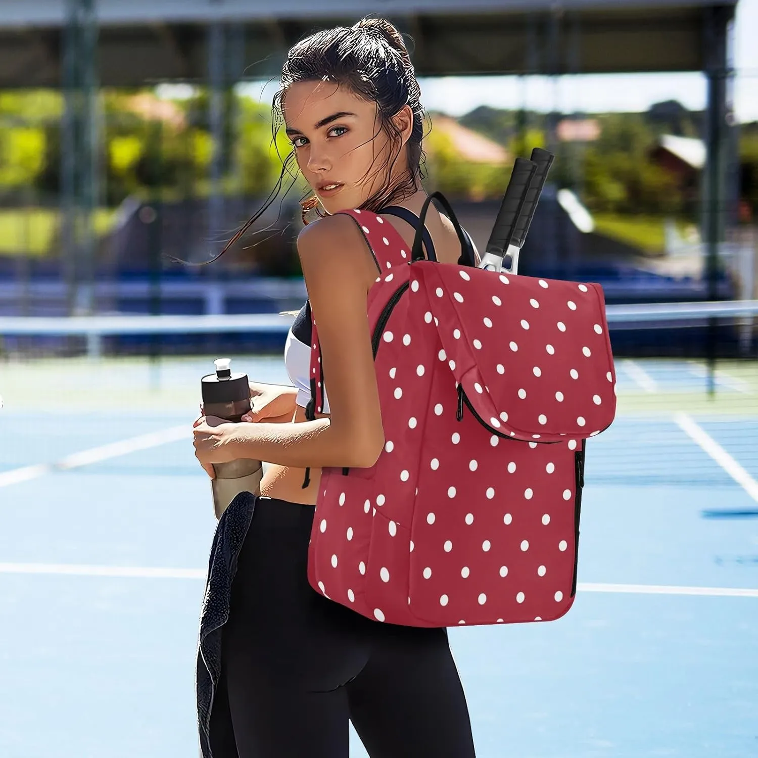 GAIGEO White Polka Dots Blue Pickleball Backpack, Large Capacity Pickleball Caddy, Various Storage Methods
