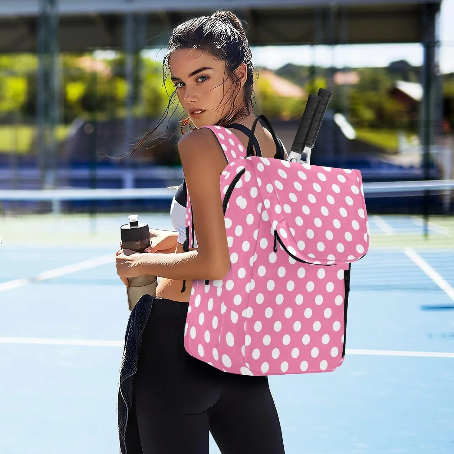 GAIGEO White Polka Dots Blue Pickleball Backpack, Large Capacity Pickleball Caddy, Various Storage Methods