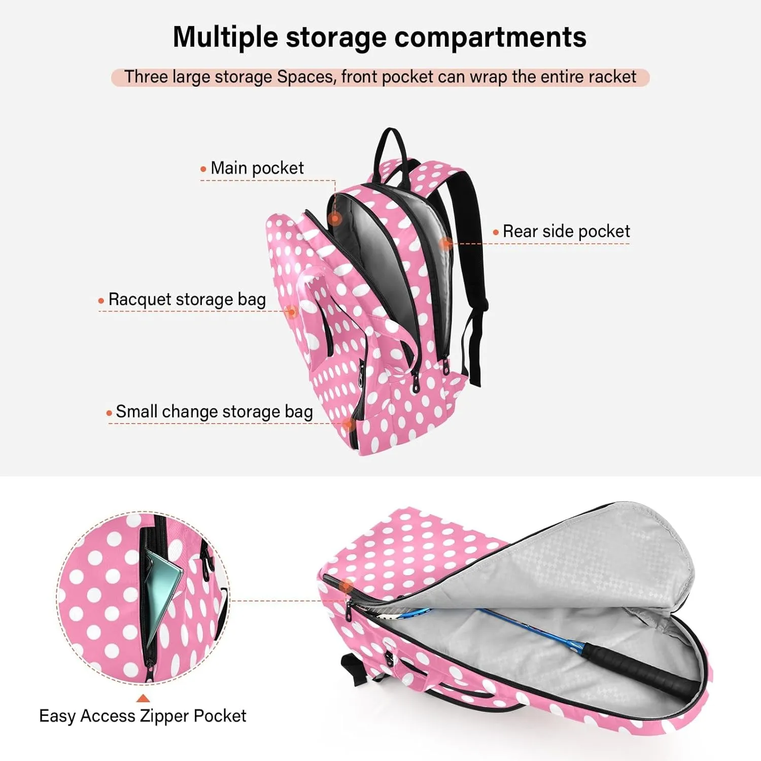 GAIGEO White Polka Dots Blue Pickleball Backpack, Large Capacity Pickleball Caddy, Various Storage Methods