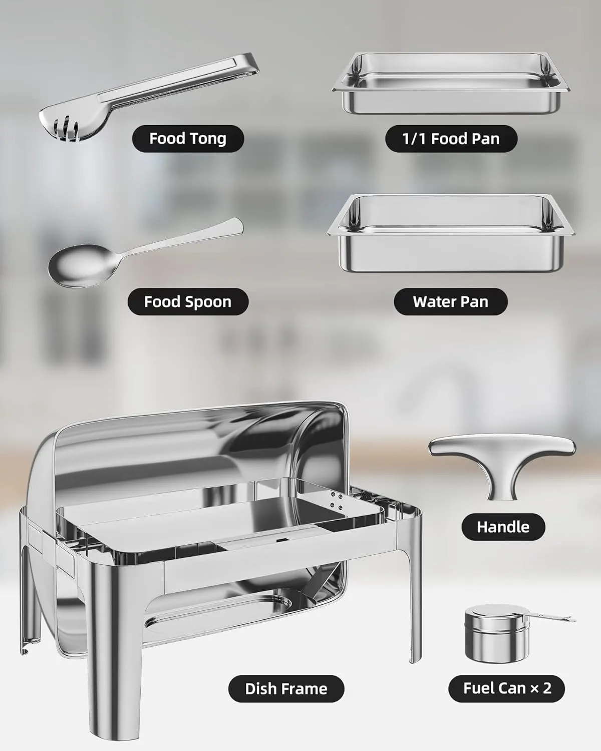 Garvee Rectangular Roll Top Chafing Dish Buffet Set, 9QT Stainless Steel Chafing Dish Set Equipped with 1 Full Size Pan, Catering Warmer Server Water Pan Stand Fuel Holder Clip