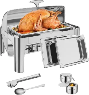 Garvee Rectangular Roll Top Chafing Dish Buffet Set, 9QT Stainless Steel Chafing Dish Set Equipped with 1 Full Size Pan, Catering Warmer Server Water Pan Stand Fuel Holder Clip