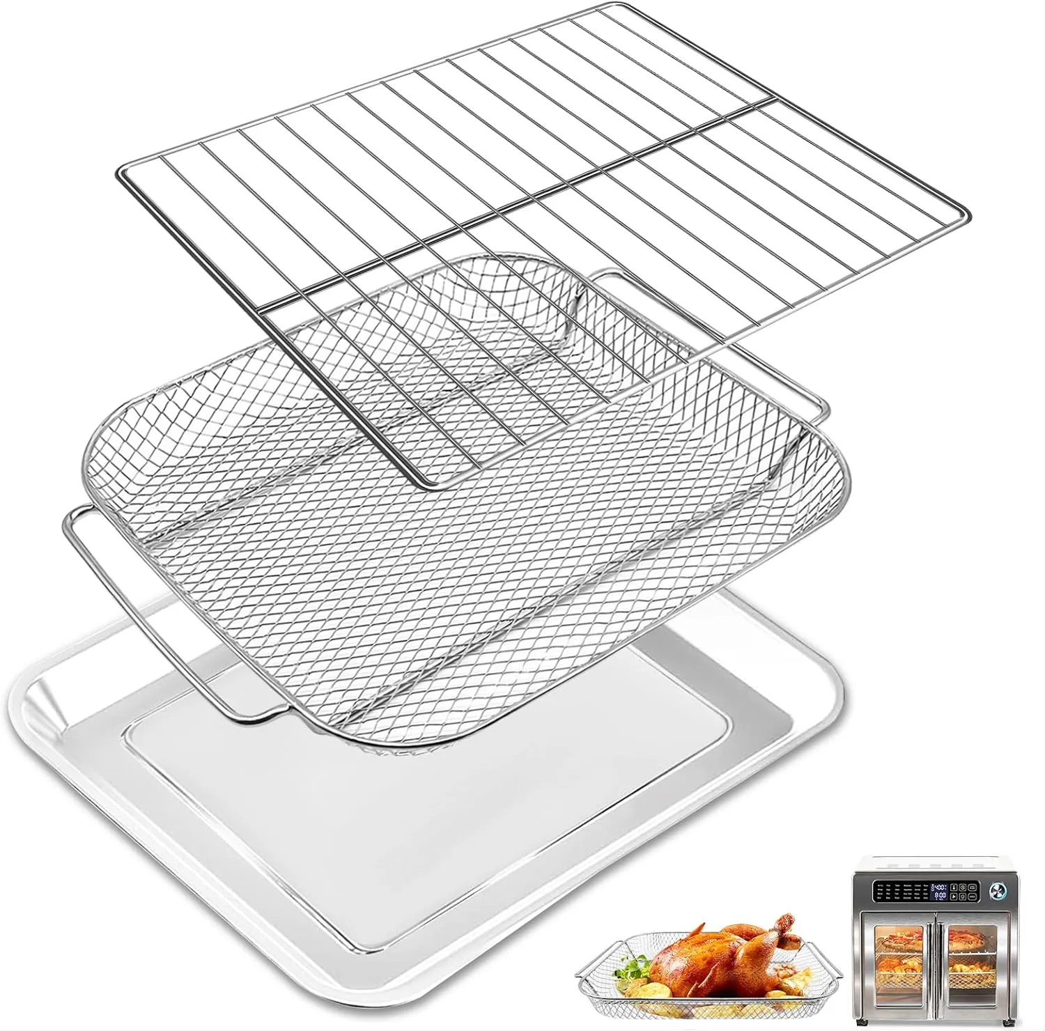 GCQ Air Fryer Accessories for Emeril Lagasse 26 QT Extra Large Air Fryer Convection Toaster Oven, 3 Pieces Set Food Grade Steel Air Fryer Bake Pan Basket Wire Rack Kit Replacement Parts