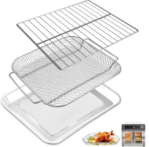 GCQ Air Fryer Accessories for Emeril Lagasse 26 QT Extra Large Air Fryer Convection Toaster Oven, 3 Pieces Set Food Grade Steel Air Fryer Bake Pan Basket Wire Rack Kit Replacement Parts