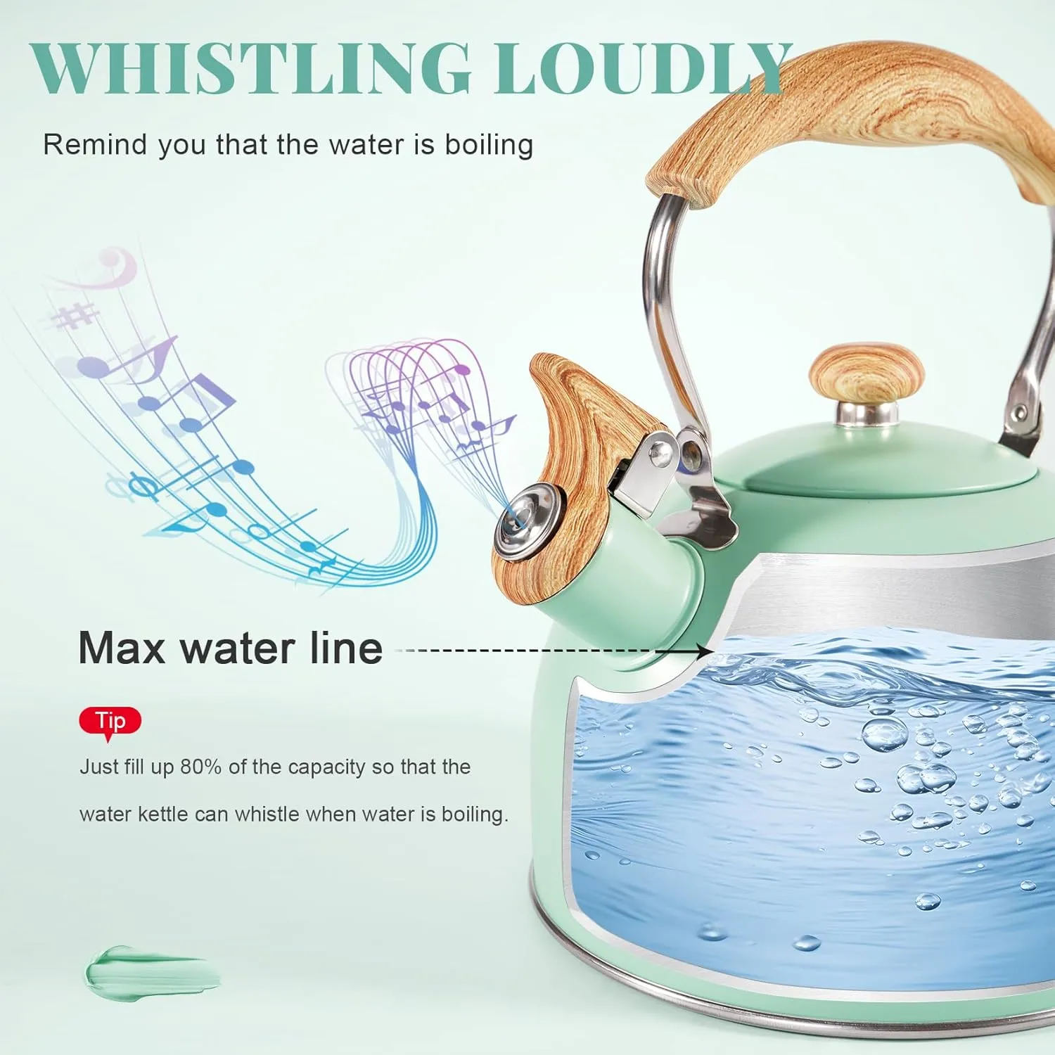 GGC Tea Kettle for Stove Top, 85OZ/2.6QT Whistling Tea Kettles for Boiling Water Milik or Coffee, Green Stainless Steel Tea Pots with Wood Pattern Folding Handle, Thumb Design Control Kettle Outlet