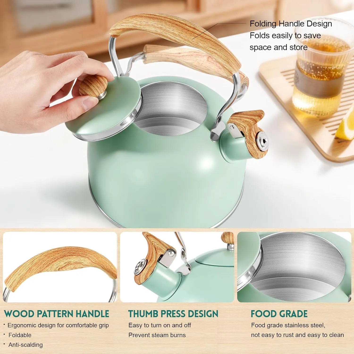 GGC Tea Kettle for Stove Top, 85OZ/2.6QT Whistling Tea Kettles for Boiling Water Milik or Coffee, Green Stainless Steel Tea Pots with Wood Pattern Folding Handle, Thumb Design Control Kettle Outlet