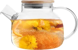 Glass Teapot Stovetop 34 OZ/1000ml, Borosilicate Clear Tea Kettle with Bamboo Lid, Teapot with Removable Stainless Steel Infuser,Tea maker for Camping and Travel (Transparent 34 OZ)