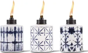 Glass Tie-Dye Tabletop Torches, 3-Pack – Decorative Outdoor Torches for Patio, Backyard & Garden – Portable Tabletop Citronella Torches for Outdoor Lighting – Blue, 5.75-Inch