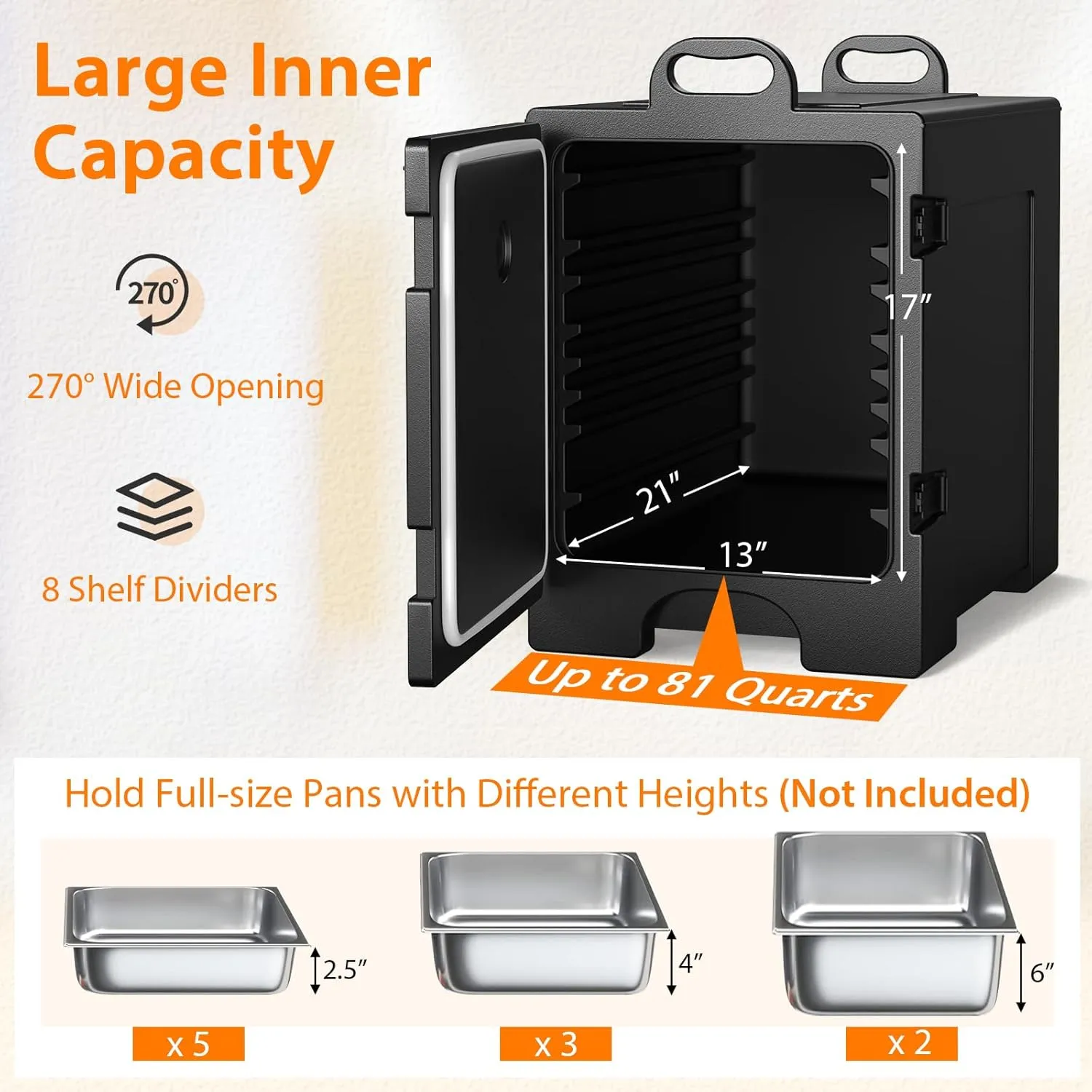 GOFLAME Catering Food Warmers, Hot Boxes Catering for 5 Full-Size Pan, 81 Quart Capacity, Stackable, Handles, Portable Insulated Food Carrier for Family Gathering, Canteen, Restaurant