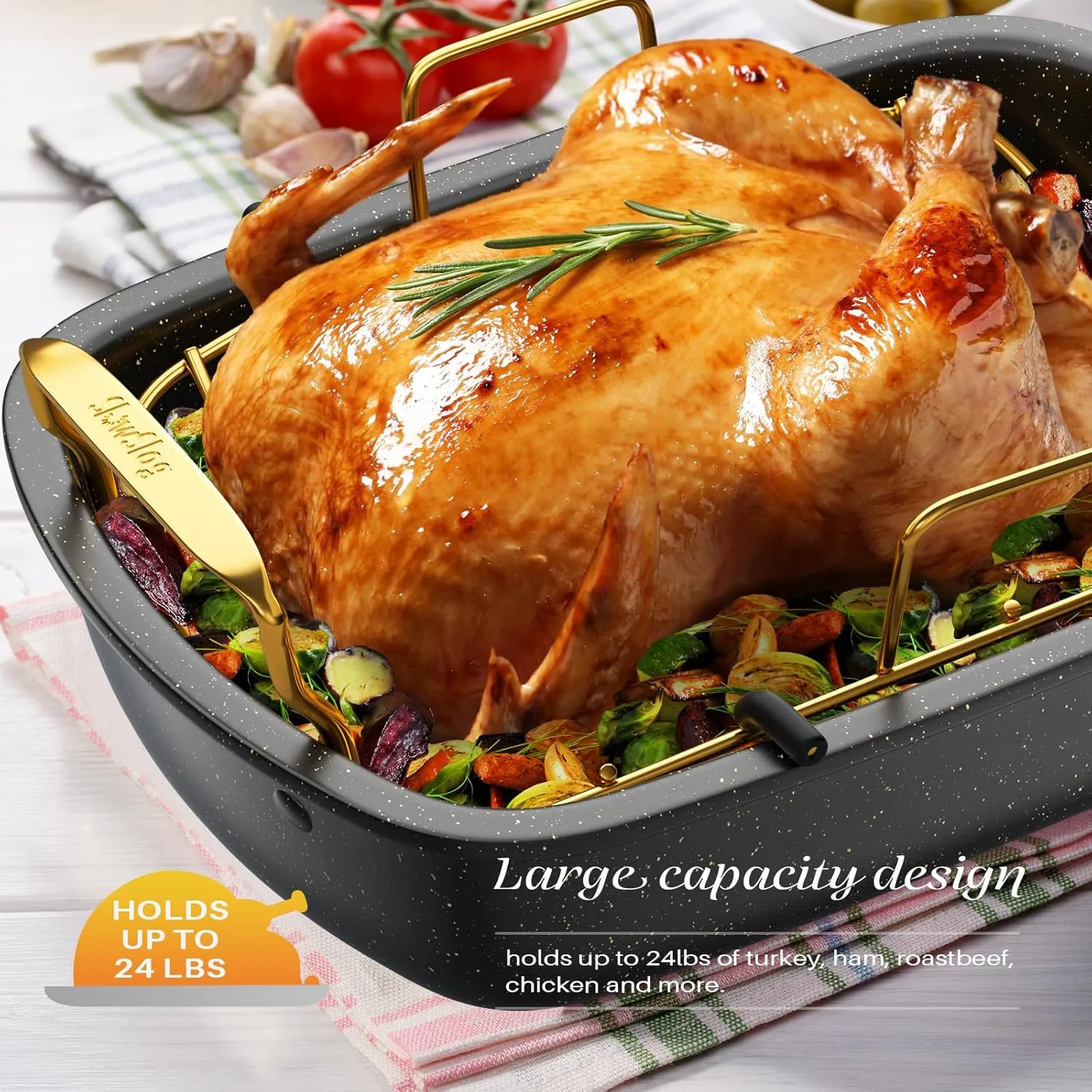Gold & Black Nonstick Roasting Pan with Rack, 17" x 13", Turkey & Chicken Roaster