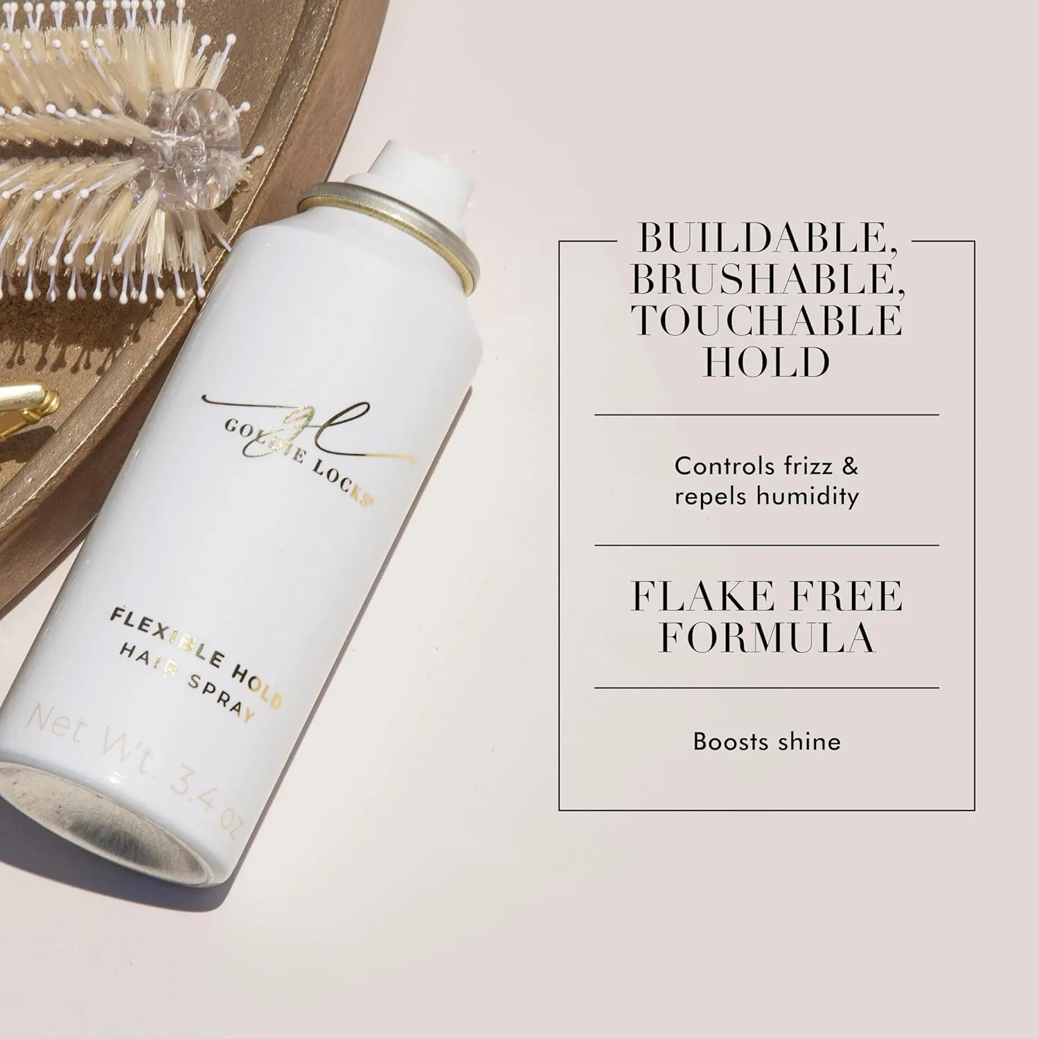 Goldie Locks Flexible Hold Hair Spray, Brushable Finish, Humidity Resistant, Lightweight for Volume & Styling Control, Non-Sticky Adds Shine, Provides All-Day Hold, All Hair Types & Extensions, 3.4 oz