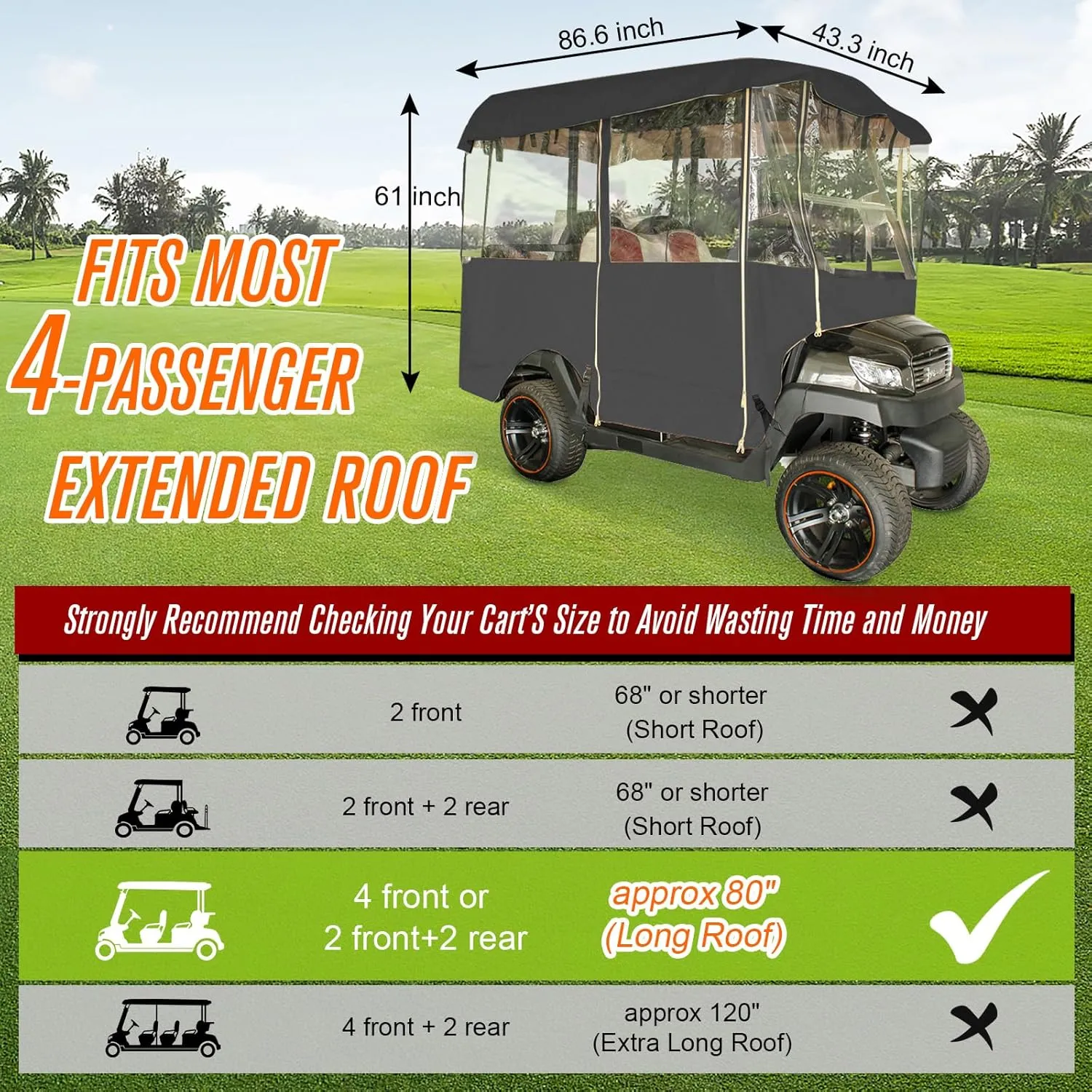 Golf Cart Rain Cover Enclosures 4 Passenger Extended Roof, Universal Clear Golfcart Poncho for Club Car Ezgo Yamaha, Side Curtains for Cold Weather Wind Winter Waterproof with Zippered Roll Up Doors