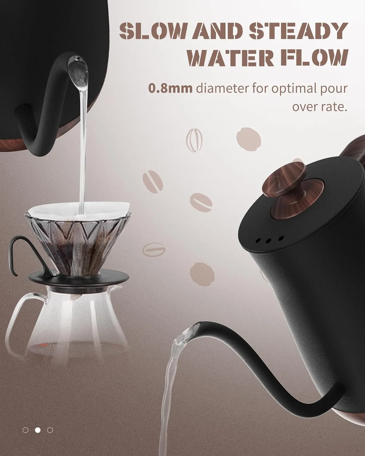Gooseneck Electric Kettle - Stainless Steel Pour Over with Auto Shut Off, 0.8L Capacity, 1000W Quick Heating, Design with Elegant Handle, Matte Black with Walnut, Manual, (XH-W081-BW)