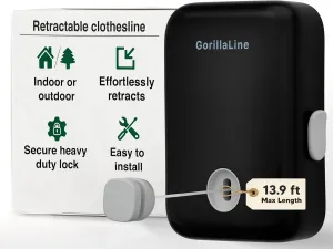 GorillaLine - Retractable Clothesline Indoor Outdoor Clothes Line - Heavy Duty Clothes Drying Laundry Line - Wall Mounted Drying Rack - Air Dry Clothing