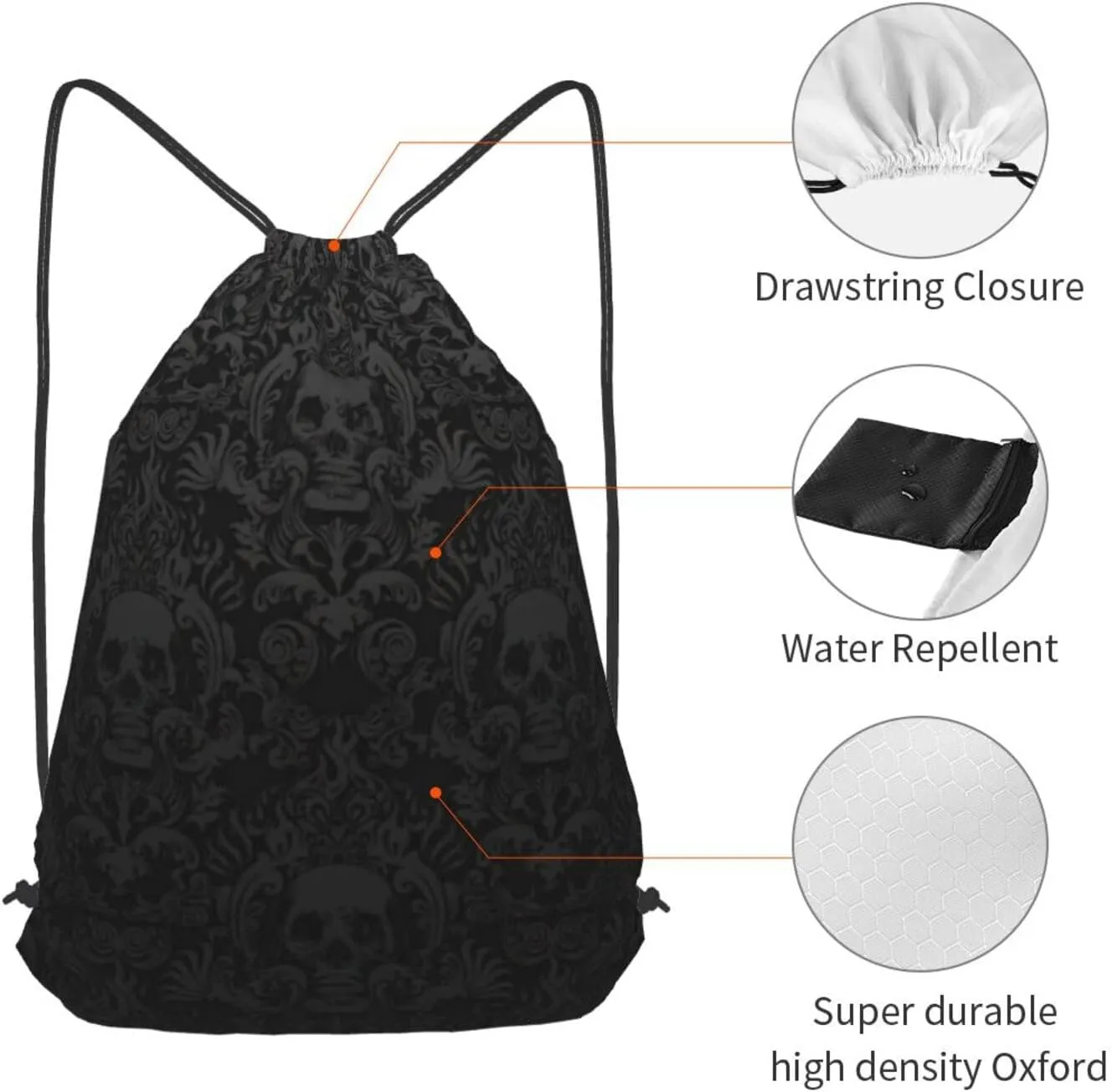 Gothic Wallpaper Skull Drawstring Cinch Backpack Polyester Sack Pack String Bag For Hiking Camping Adventure