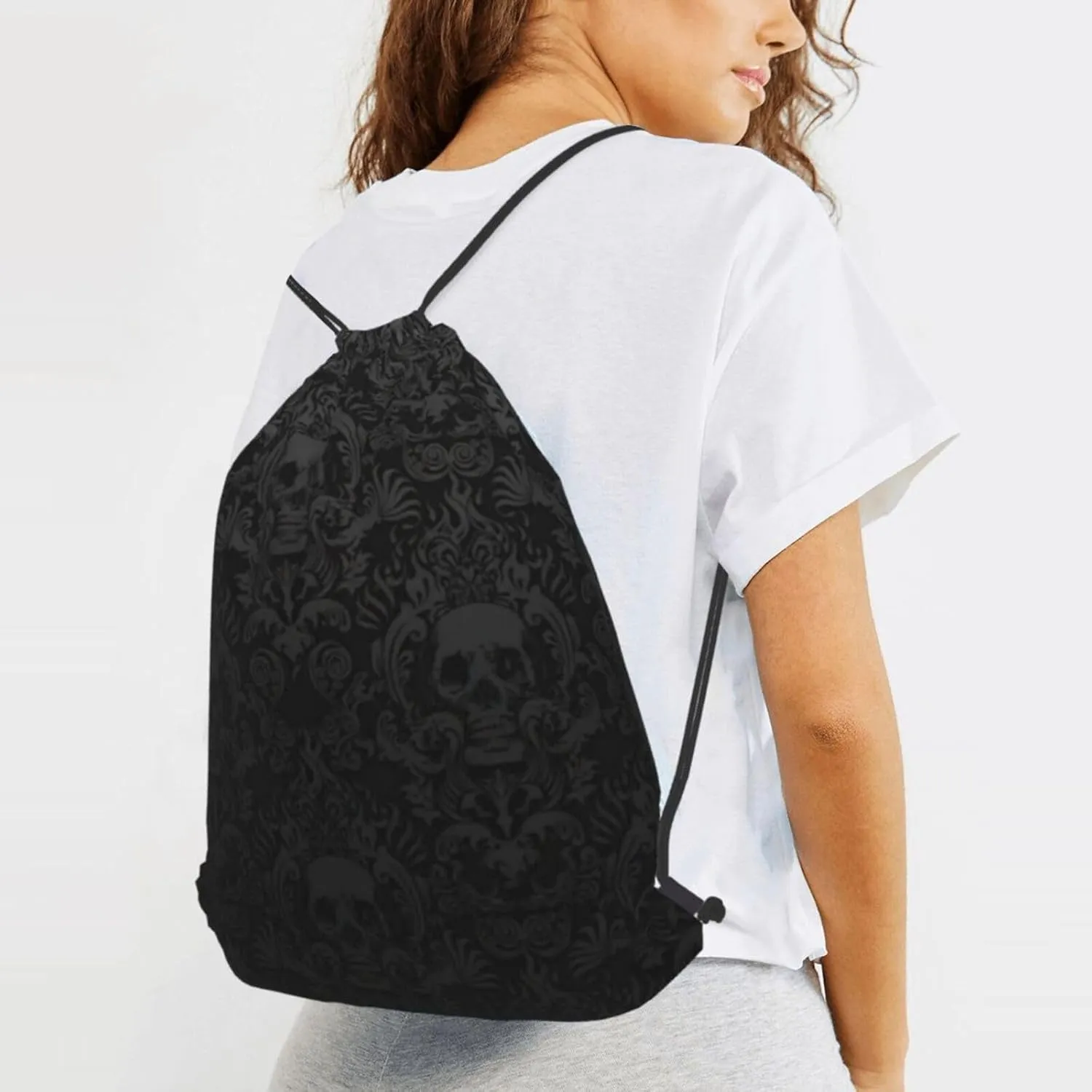 Gothic Wallpaper Skull Drawstring Cinch Backpack Polyester Sack Pack String Bag For Hiking Camping Adventure