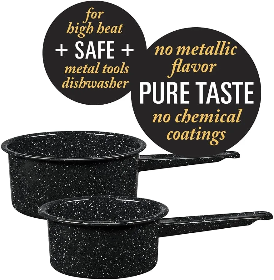 Granite Ware 1 qt y 2 qt saucepan set. Enameled steel great for camping, outdoor use, suitable for oven and direct fire.