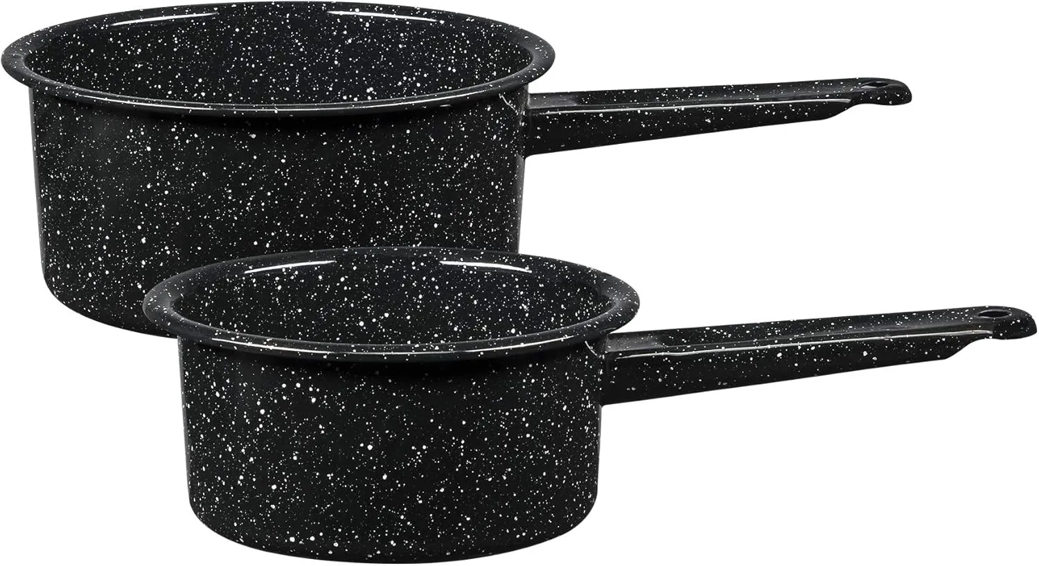 Granite Ware 1 qt y 2 qt saucepan set. Enameled steel great for camping, outdoor use, suitable for oven and direct fire.