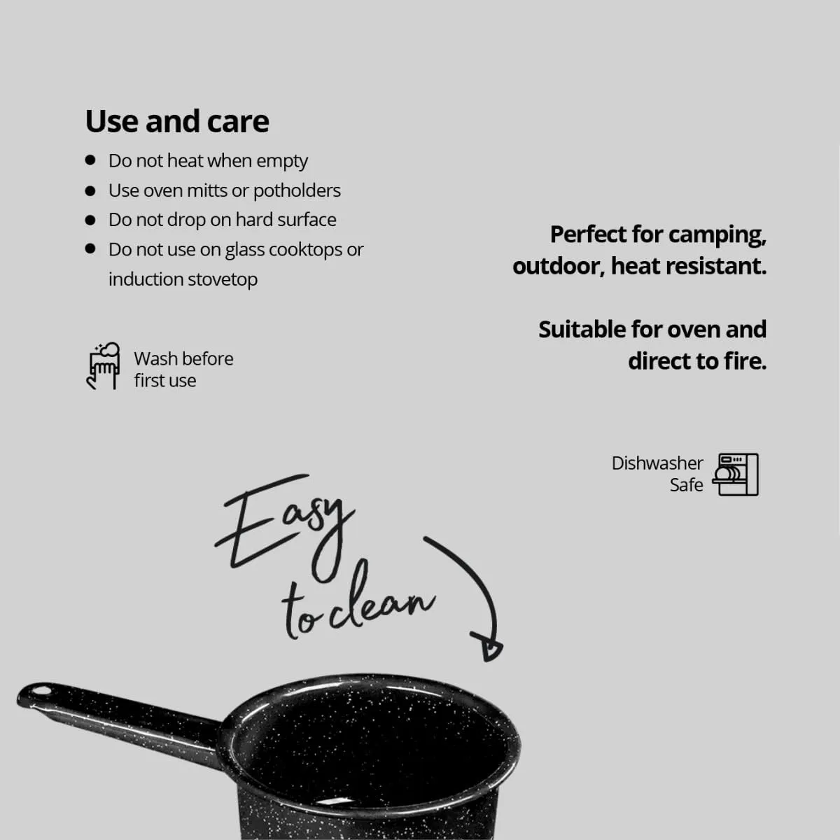 Granite Ware 1 qt y 2 qt saucepan set. Enameled steel great for camping, outdoor use, suitable for oven and direct fire.
