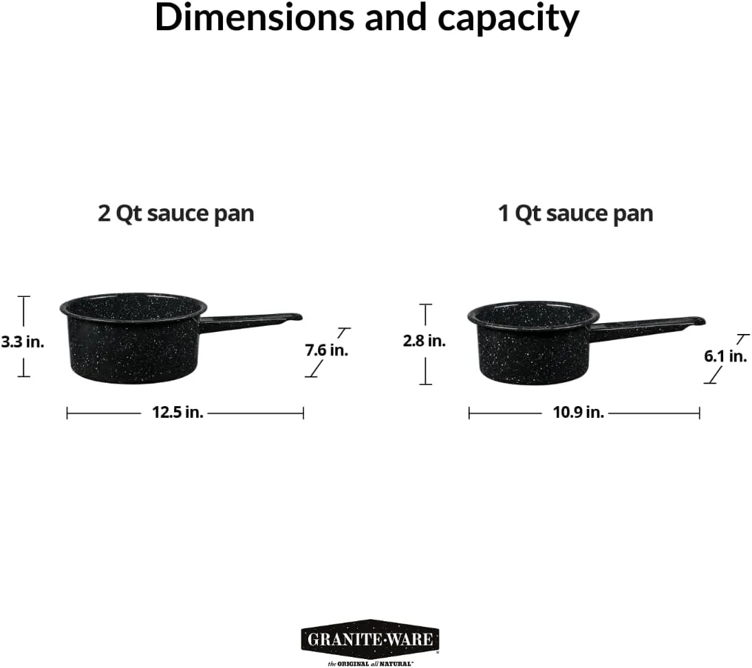Granite Ware 1 qt y 2 qt saucepan set. Enameled steel great for camping, outdoor use, suitable for oven and direct fire.