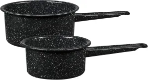 Granite Ware 1 qt y 2 qt saucepan set. Enameled steel great for camping, outdoor use, suitable for oven and direct fire.