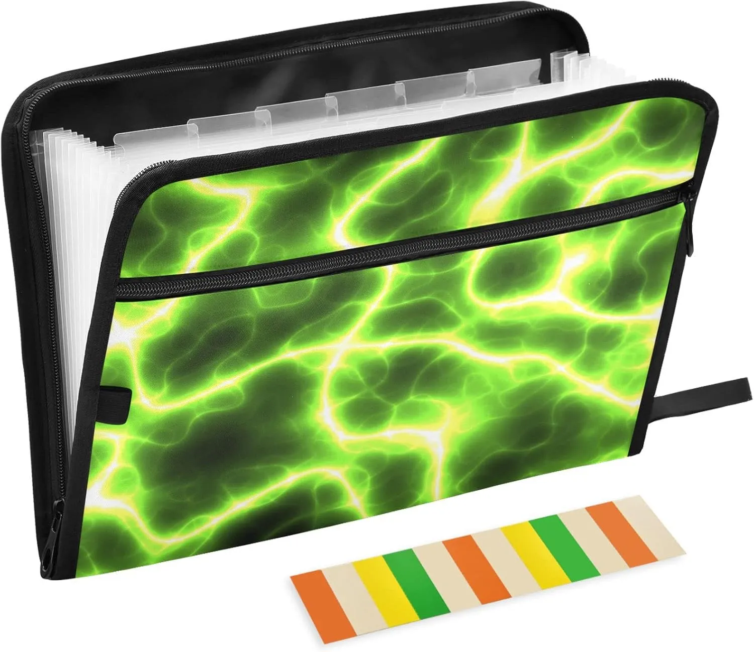 Gredecor 13 Pockets File Folder Organizer A4/Letter Water Resistant Green Abstract Lightning Electricity Document Bag with Zipper Filing Folder Expanding File Pouch Storage for School Office