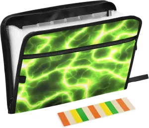 Gredecor 13 Pockets File Folder Organizer A4/Letter Water Resistant Green Abstract Lightning Electricity Document Bag with Zipper Filing Folder Expanding File Pouch Storage for School Office