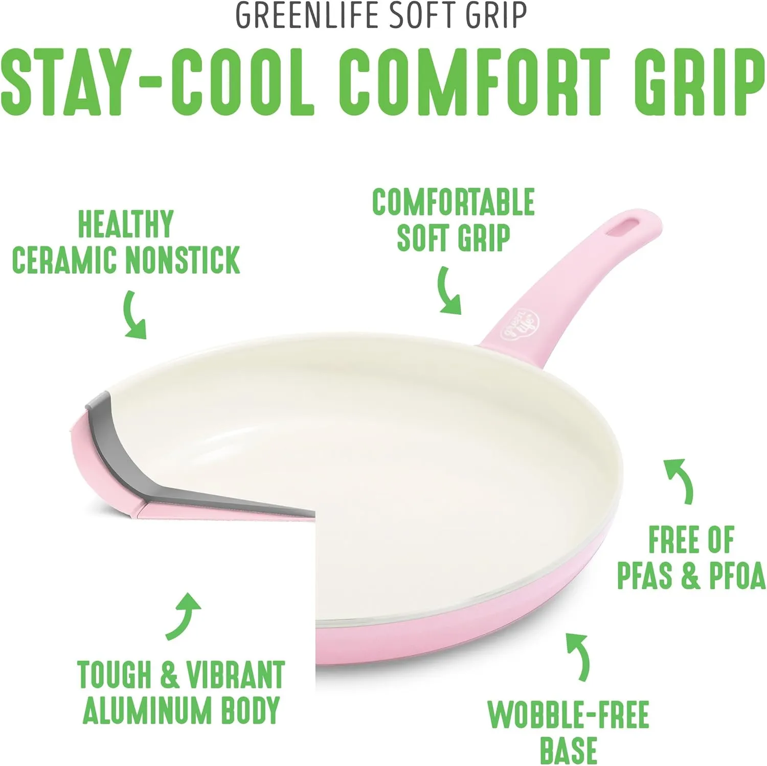 GreenLife Soft Grip 16 Piece Cookware Set, Non-Toxic PFAS-Free Ceramic Nonstick, Frying, Sauce, Saute, Utensils, Glass Lids, Stay-Cool Handles, Wobble Free, Dishwasher & Oven Safe, Soft Pink
