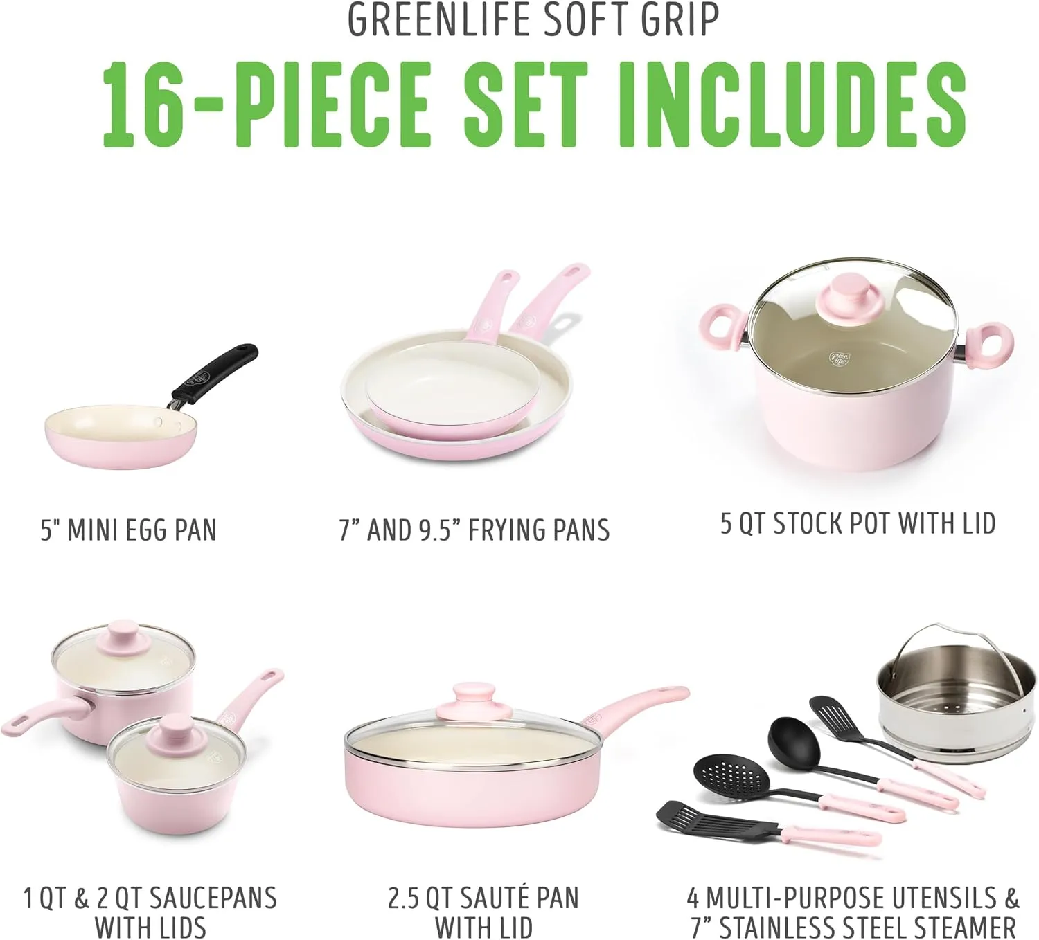 GreenLife Soft Grip 16 Piece Cookware Set, Non-Toxic PFAS-Free Ceramic Nonstick, Frying, Sauce, Saute, Utensils, Glass Lids, Stay-Cool Handles, Wobble Free, Dishwasher & Oven Safe, Soft Pink