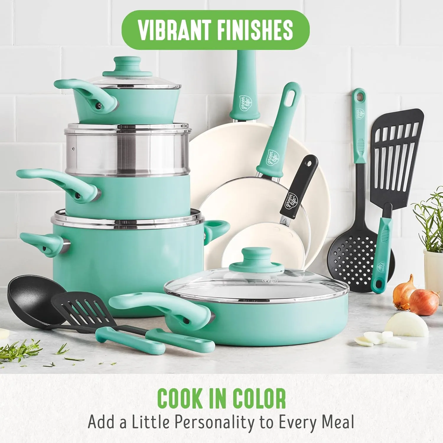 GreenLife Soft Grip Healthy Ceramic Nonstick 16 Piece Kitchen Cookware Pots and Frying Sauce Pans Set, PFAS-Free, Dishwasher Safe, Turquoise