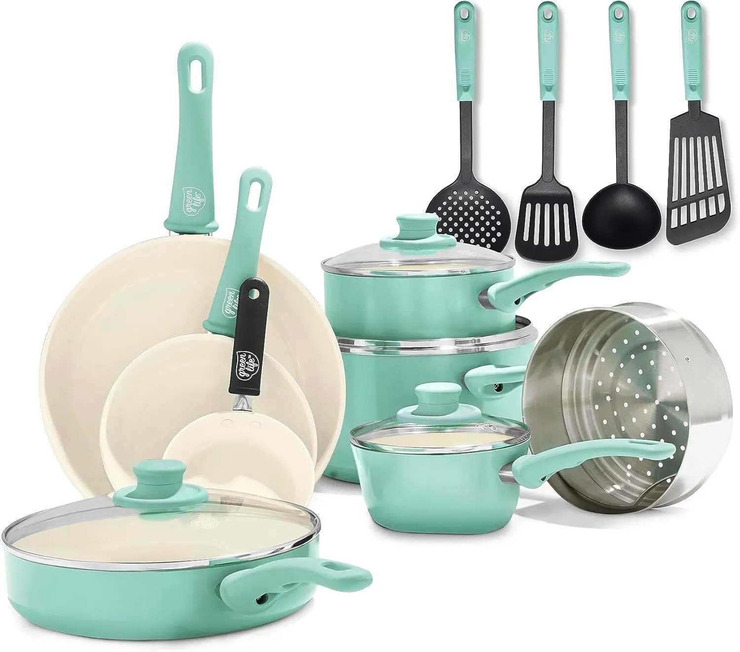 GreenLife Soft Grip Healthy Ceramic Nonstick 16 Piece Kitchen Cookware Pots and Frying Sauce Pans Set, PFAS-Free, Dishwasher Safe, Turquoise