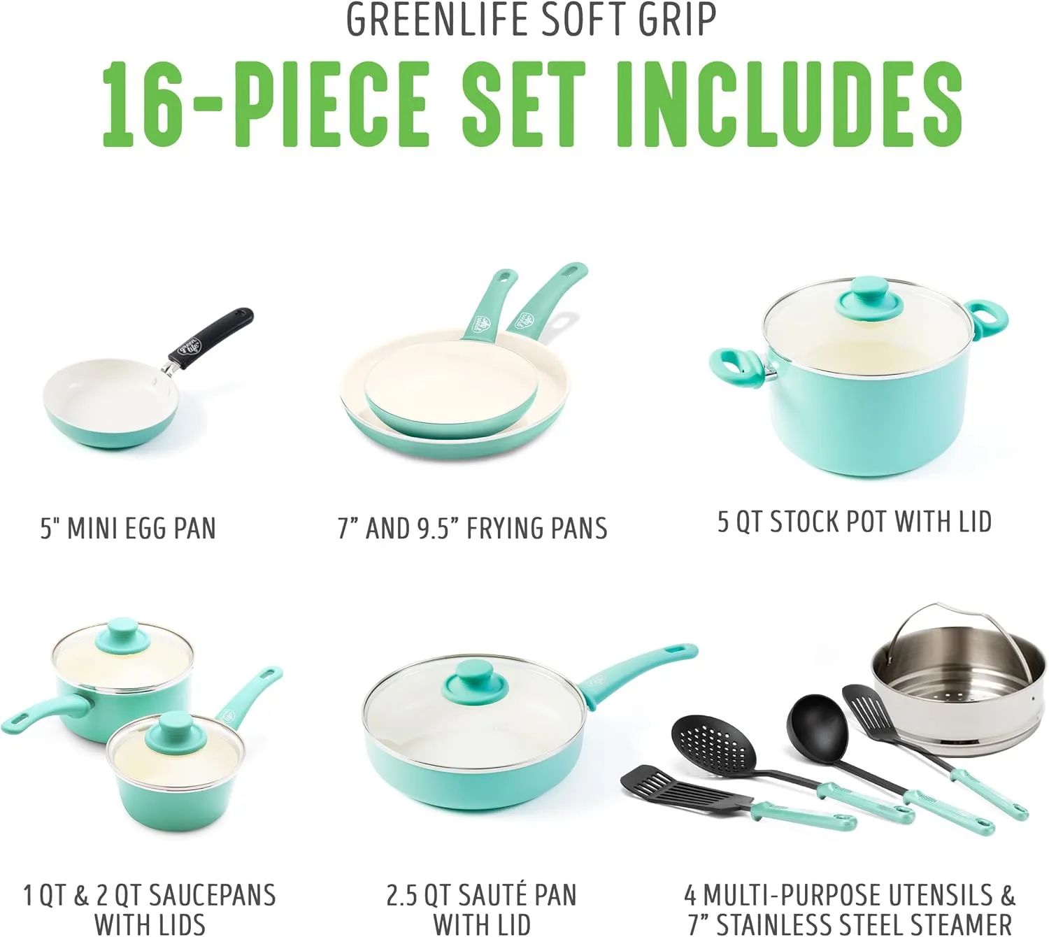 GreenLife Soft Grip Healthy Ceramic Nonstick 16 Piece Kitchen Cookware Pots and Frying Sauce Pans Set, PFAS-Free, Dishwasher Safe, Turquoise