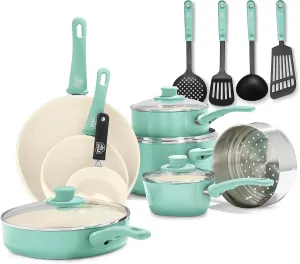 GreenLife Soft Grip Healthy Ceramic Nonstick 16 Piece Kitchen Cookware Pots and Frying Sauce Pans Set, PFAS-Free, Dishwasher Safe, Turquoise