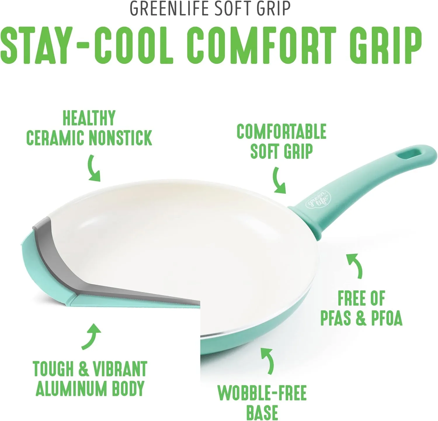 GreenLife Soft Grip Healthy Ceramic Nonstick 16 Piece Kitchen Cookware Pots and Frying Sauce Pans Set, PFAS-Free, Dishwasher Safe, Turquoise