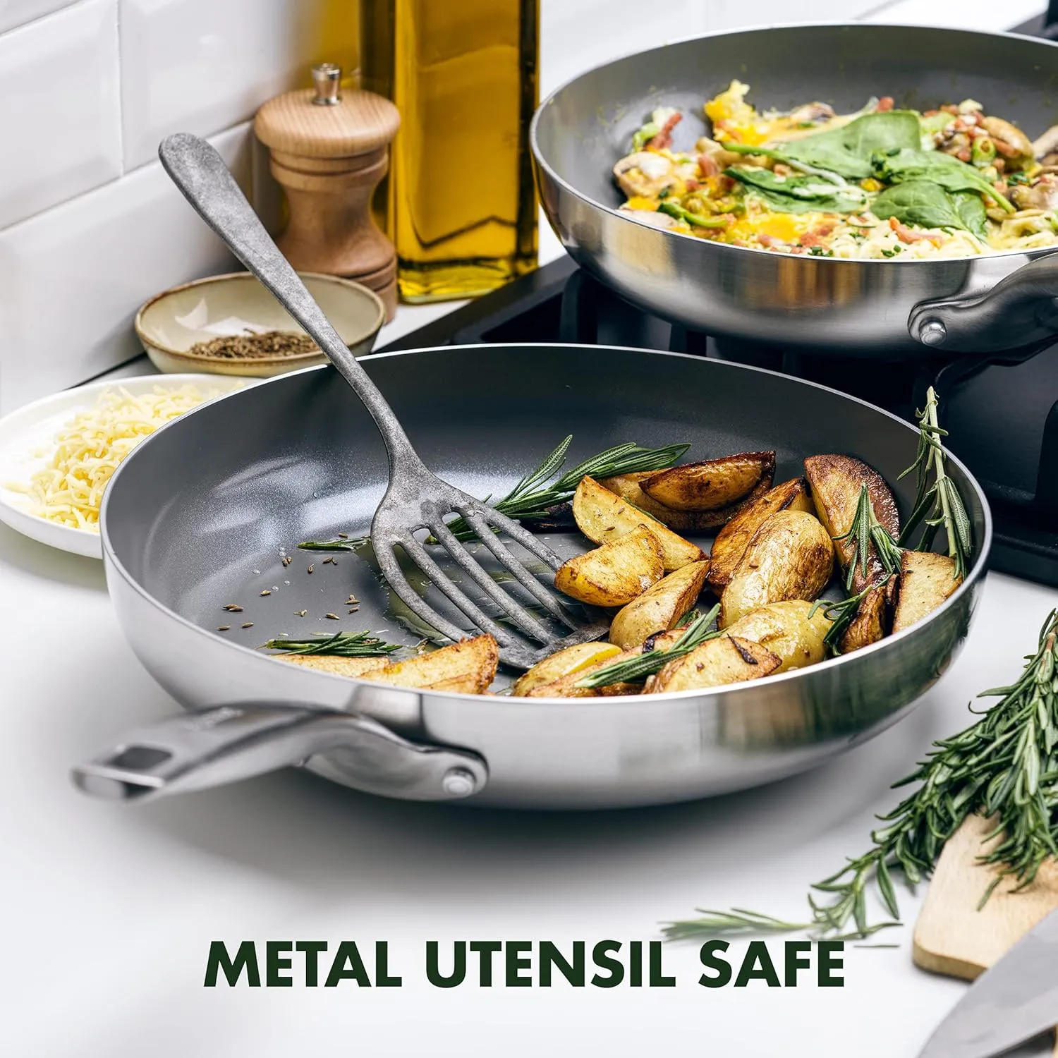 GreenPan Chatham Tri-Ply Stainless Steel Healthy Ceramic Nonstick 9.5" Frying Pan Skillet, PFAS-Free, Multi Clad, Induction, Dishwasher Safe, Oven Safe, Silver