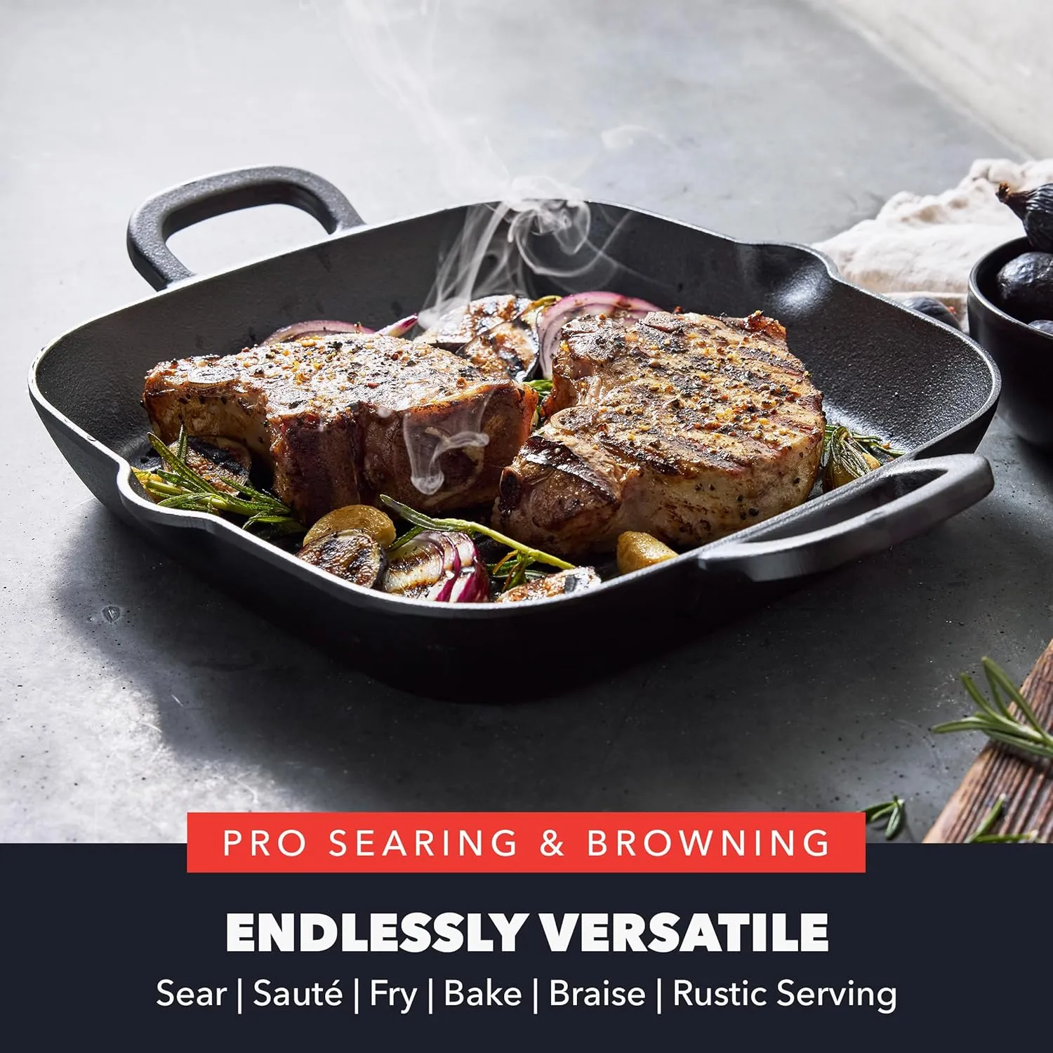 GreenPan x Bobby Flay Cast Iron Pre-Seasoned 11” Square Grill Pan, Helper Handles, Professional Grade Heavy Duty, Induction Suitable, Versatile Stovetop, Oven, BBQ & Fire, Indoor/Outdoor Use, Black