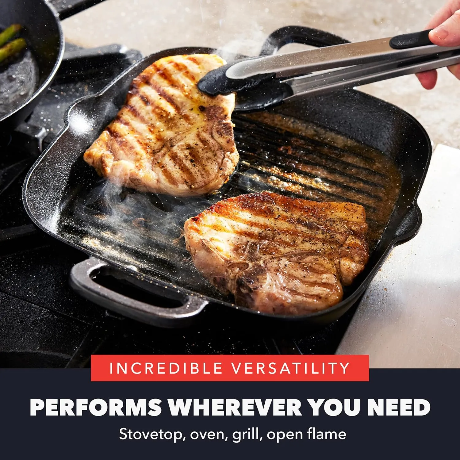GreenPan x Bobby Flay Cast Iron Pre-Seasoned 11” Square Grill Pan, Helper Handles, Professional Grade Heavy Duty, Induction Suitable, Versatile Stovetop, Oven, BBQ & Fire, Indoor/Outdoor Use, Black