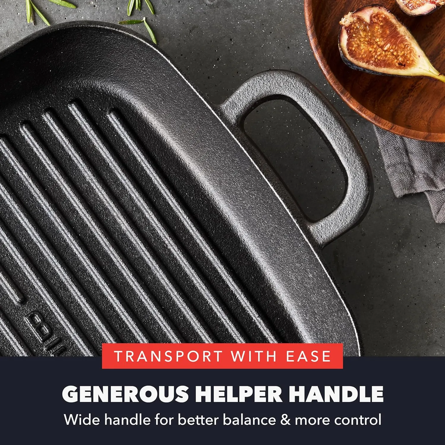 GreenPan x Bobby Flay Cast Iron Pre-Seasoned 11” Square Grill Pan, Helper Handles, Professional Grade Heavy Duty, Induction Suitable, Versatile Stovetop, Oven, BBQ & Fire, Indoor/Outdoor Use, Black