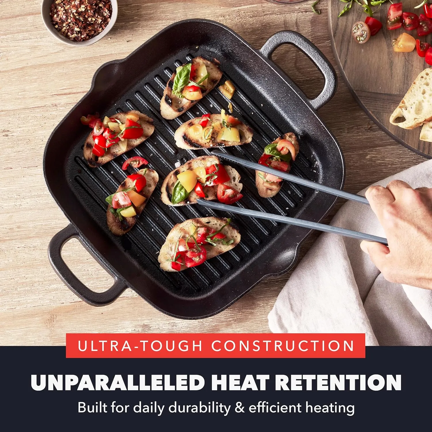 GreenPan x Bobby Flay Cast Iron Pre-Seasoned 11” Square Grill Pan, Helper Handles, Professional Grade Heavy Duty, Induction Suitable, Versatile Stovetop, Oven, BBQ & Fire, Indoor/Outdoor Use, Black