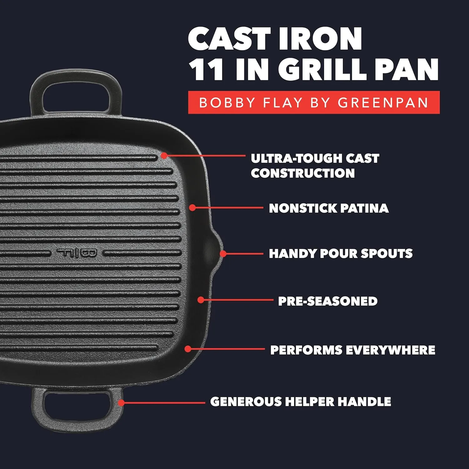 GreenPan x Bobby Flay Cast Iron Pre-Seasoned 11” Square Grill Pan, Helper Handles, Professional Grade Heavy Duty, Induction Suitable, Versatile Stovetop, Oven, BBQ & Fire, Indoor/Outdoor Use, Black