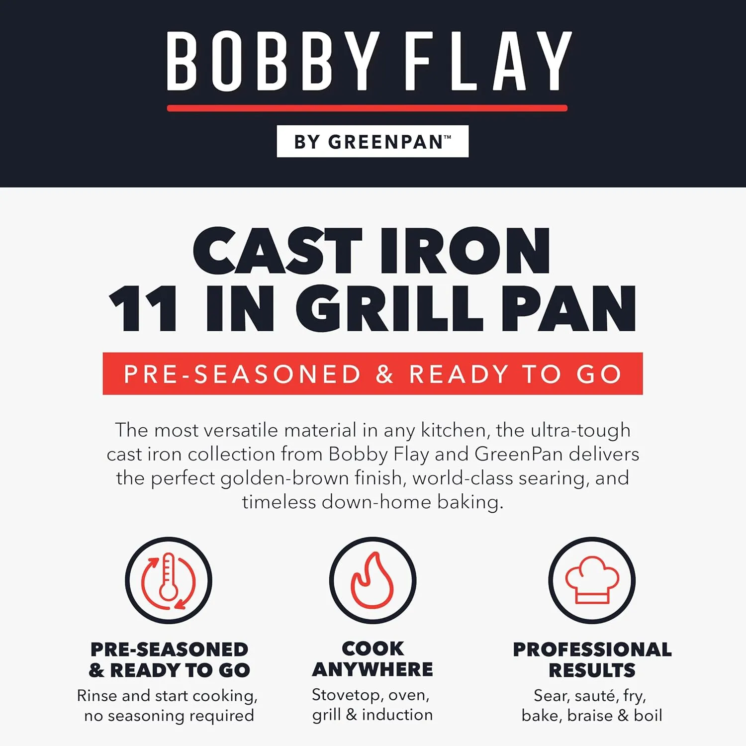 GreenPan x Bobby Flay Cast Iron Pre-Seasoned 11” Square Grill Pan, Helper Handles, Professional Grade Heavy Duty, Induction Suitable, Versatile Stovetop, Oven, BBQ & Fire, Indoor/Outdoor Use, Black