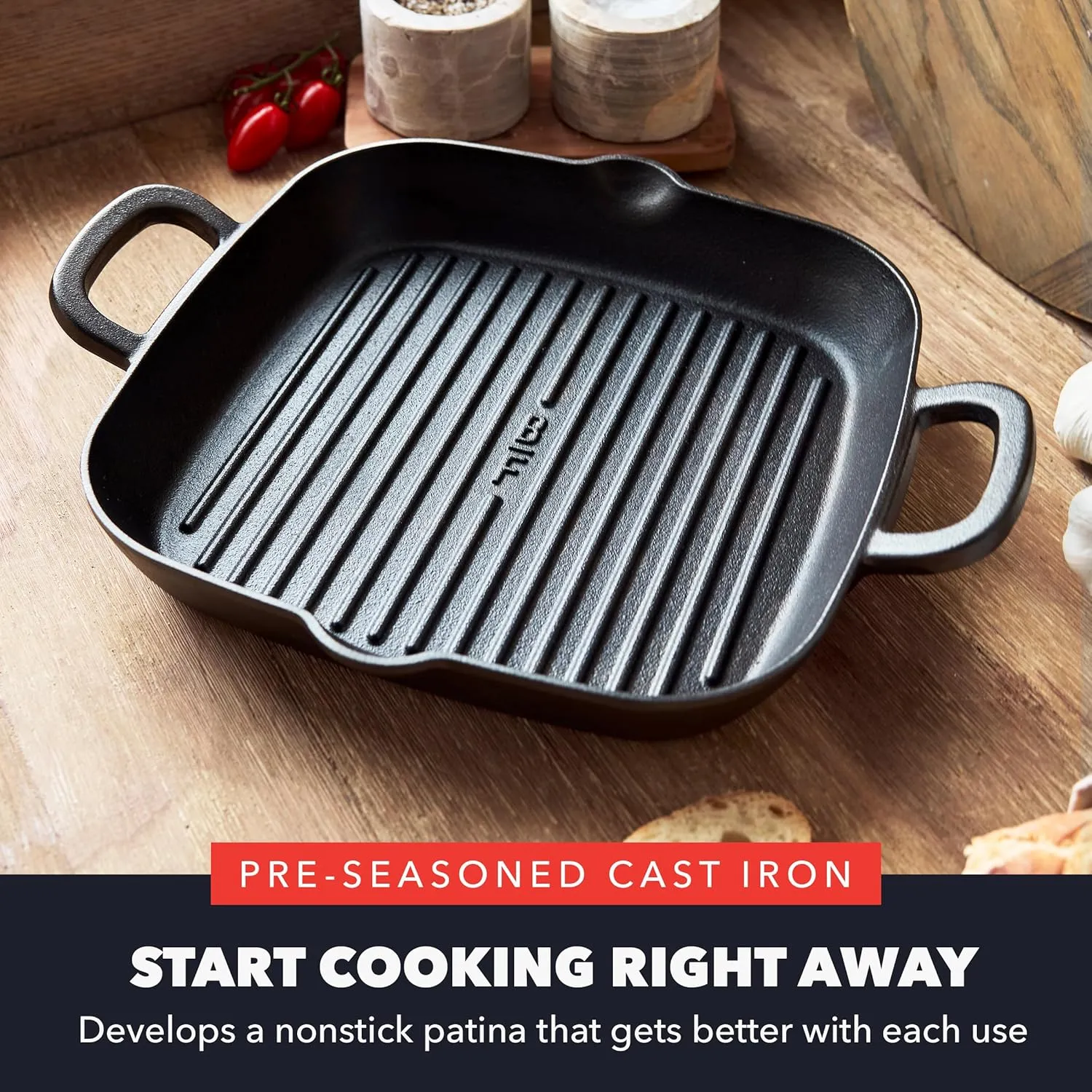 GreenPan x Bobby Flay Cast Iron Pre-Seasoned 11” Square Grill Pan, Helper Handles, Professional Grade Heavy Duty, Induction Suitable, Versatile Stovetop, Oven, BBQ & Fire, Indoor/Outdoor Use, Black