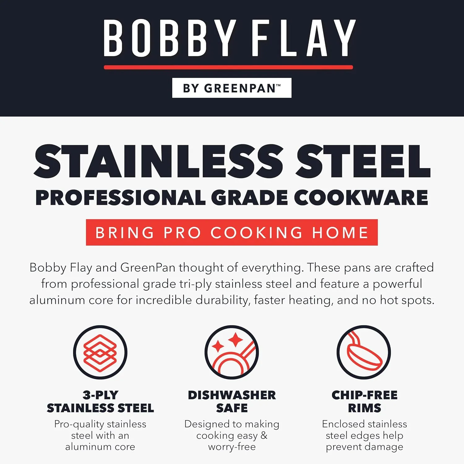 GreenPan x Bobby Flay Stainless Steel 12 Piece Cookware Pots and Pans Set, Professional Grade Tri Ply, PFAS-Free Ceramic Nonstick, Induction Suitable, Dishwasher & Oven Safe, Stay Cool Handles